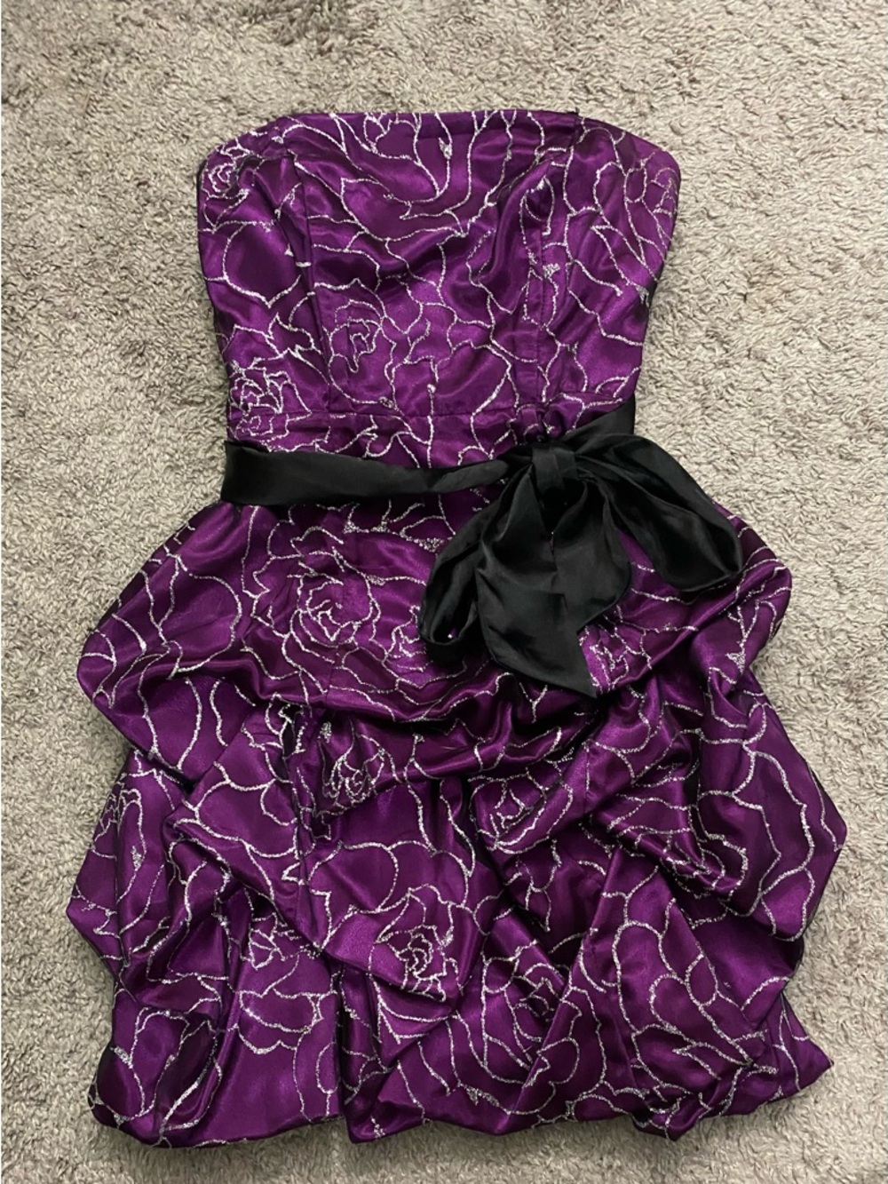 Deb Strapless Purple Prom Dress with Black Waist Bow Accent